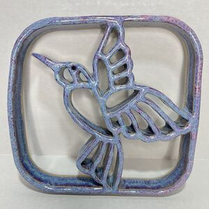 Bay Art Pottery Hummingbird Trivet Signed Blue Purple Drip Glaze 7" Wall Art